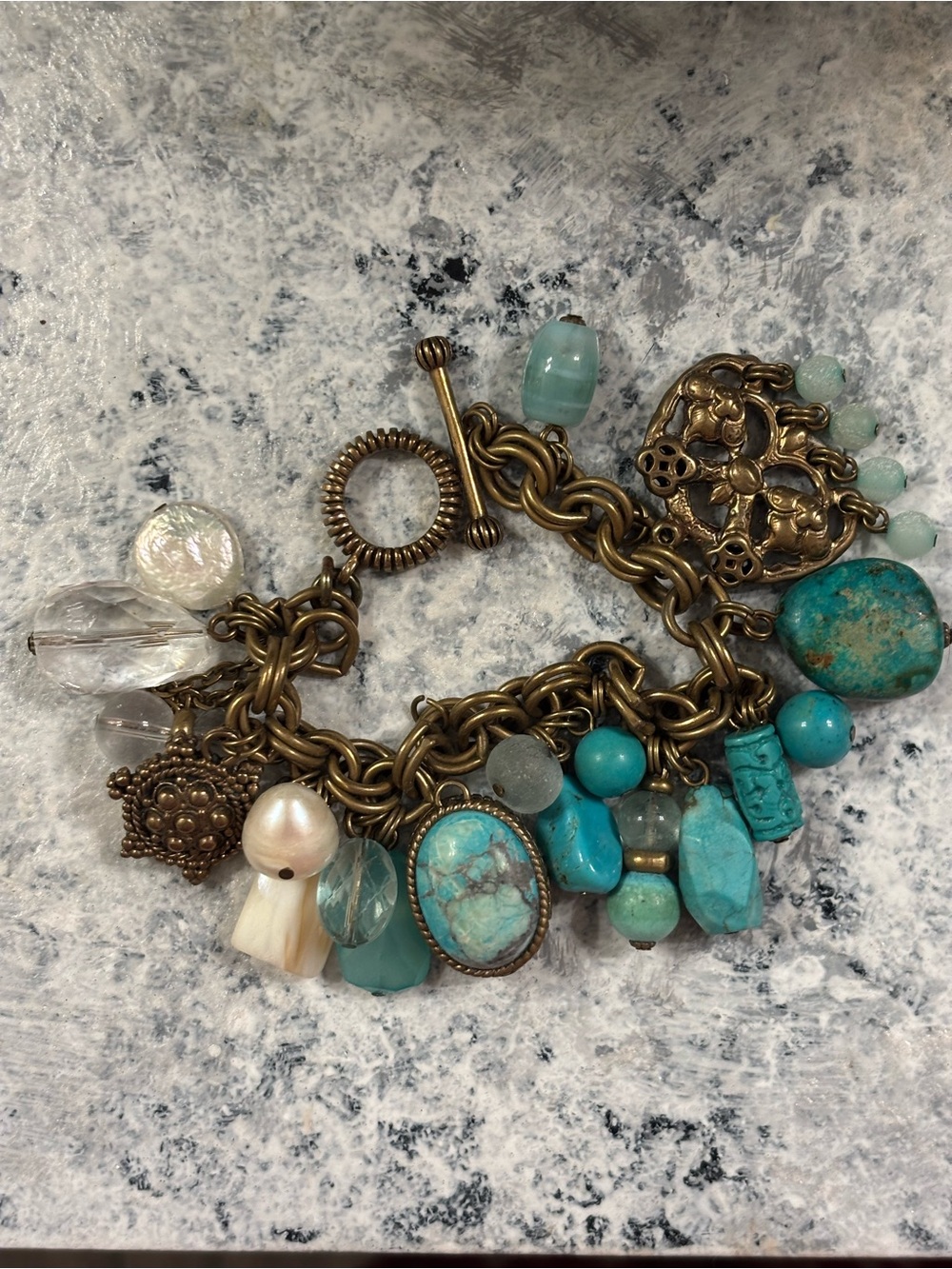 Stephen Dweck Turquoise Charm Bracelet w/ Mixed Stone and Pearl Accents- vintage